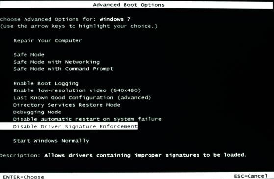 Disable Driver Signature Enforcement