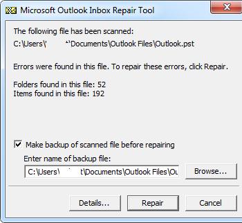 repair запустить восстановление информации в pst файле