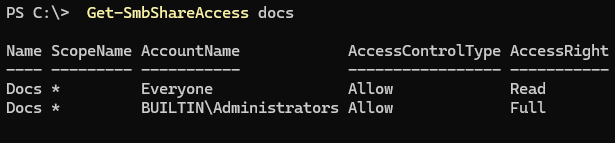 Get-SmbShareAccess - вывести права доступа на общую папку