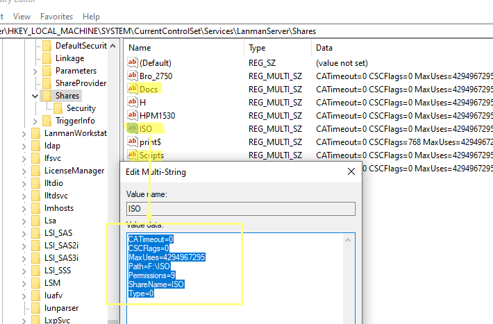 Настройки сетевых папок в реестре