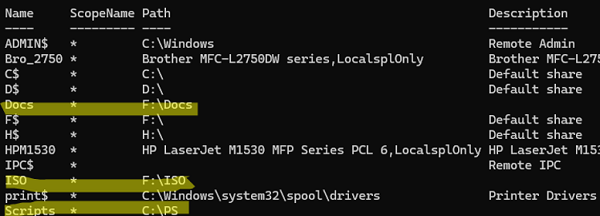 net share - список сетевых папок на компьютере
