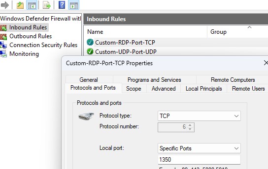 Правило для RDP порта в windows firewall