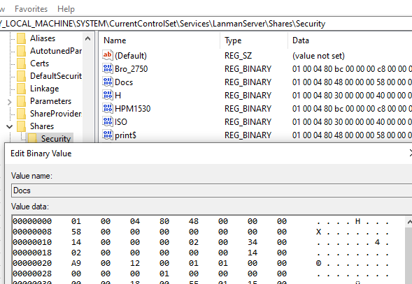 Разрешения сетевой папки хранятся в реестре