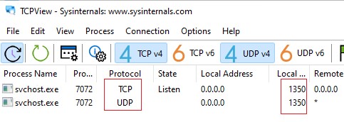 tcpview просмотр что RDP теперь слушает на новом tcp и udp портах