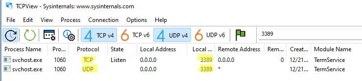 Служба RDP (termservice) в Windows слушает на tcp и udp порту 3389