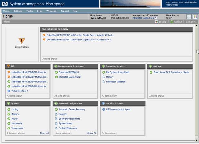 Вид System Management Homepage