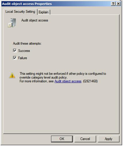 setting the audit object properties to enable file and folder access tracking