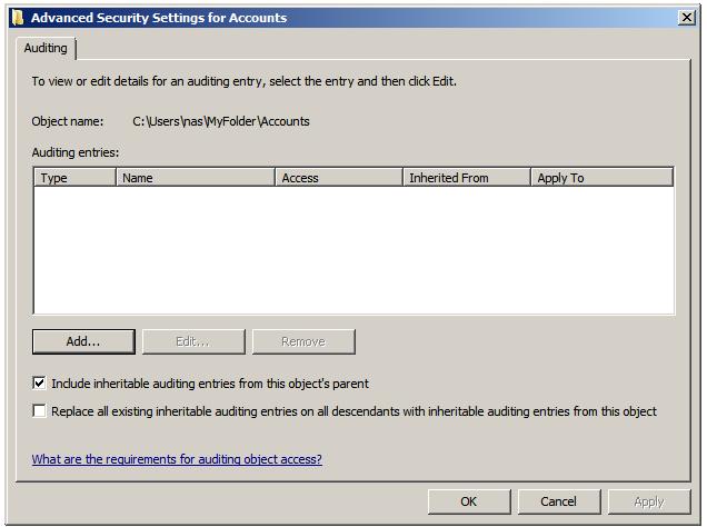 the file and folder auditing entries dialog
