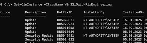 Класс Win32_QuickFixEngineering содержит историю обновлений 