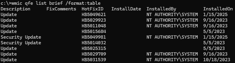 wmic qfe list brief - список обновлений в командной строке
