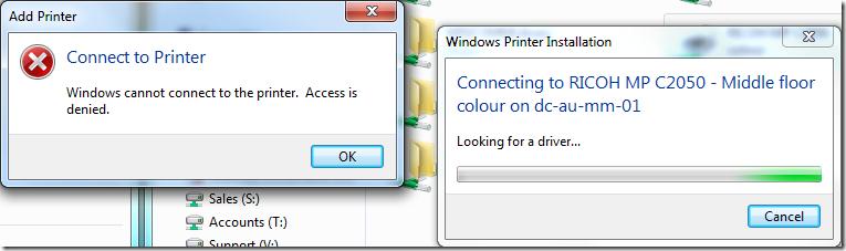 Win 7: Windows cannot connect to the printer. Access is denied