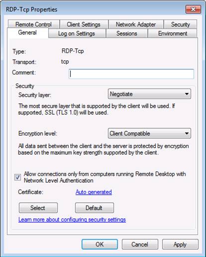 Настрока безопасности Remote Desktop Services Windows Server 2008 R2