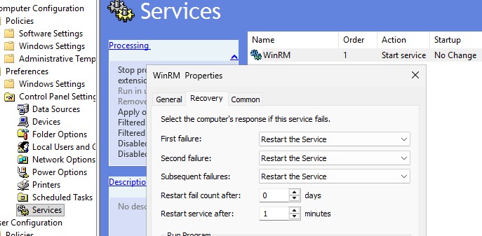 настройка перезапуска службы winrm