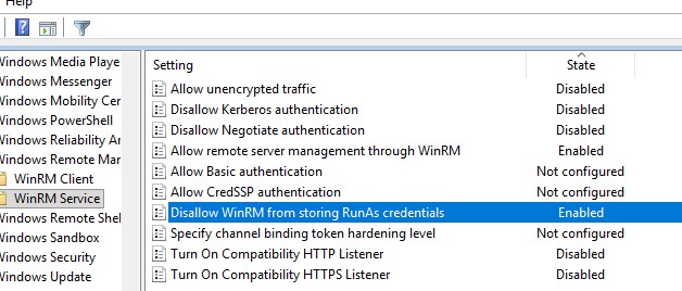 Настройки безопсноси службы WInRM в GPO