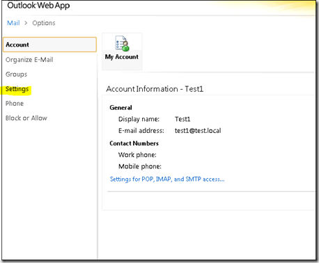 настройка пароля в Outlook Web App