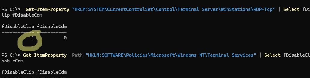 Проверить с помощью PowerShell что в реестре ращрешено использовать буфер обмена RDP