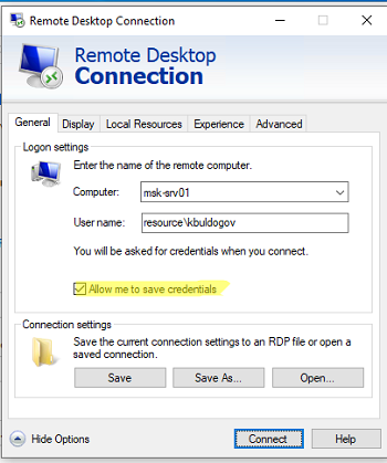 сохранить пароль для RDP в Windows Credential Manager