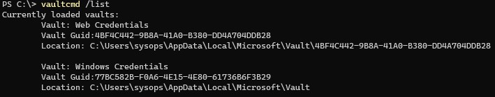 vaultcmd list: хранилище учетных записей и паролей в windows