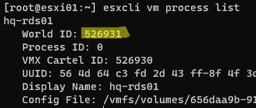esxcli узнать id процесса виртуальной машины на vmware