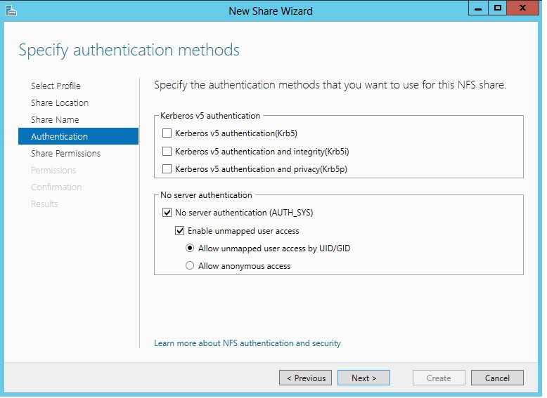 Тип nfs аутентификации в windows server 2012