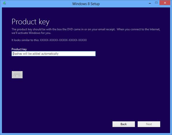 Необходимо указать ключ при установке Windows 8