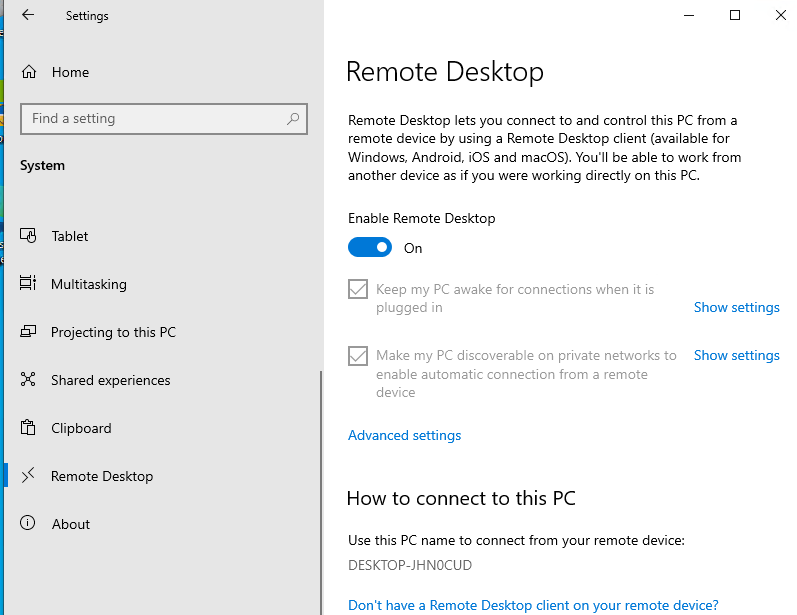включить Remote Desktop в новой панели управления Windows 10 2004