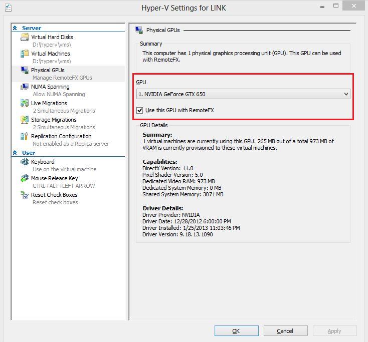 Включаем поддержку remotefx для gpu в windows server 2012