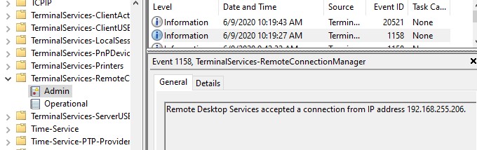 rdp логи в журнале событий TerminalServices-RemoteConnectionManager 
