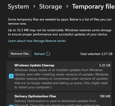 windows11 опция update clenup в панели Параметры