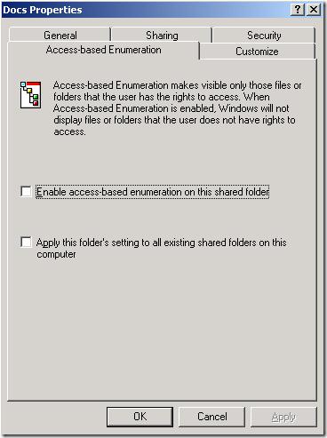 включить access base enumeration на шаре в windows server 2003