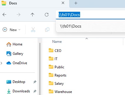 общая сетевая папка со список вложенных подкаталогов на файловом сервере windows