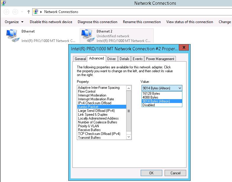 Активация больших Ethernet пакетов jumbo packet в windows server2012 r2