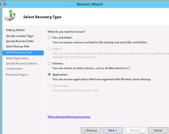 Windows Server Backup восстановить приложение 