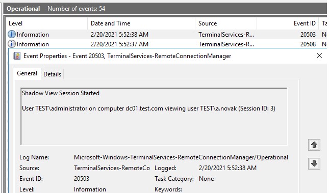 получаем логи rds shadow подключений из журнала событий Microsoft-Windows-TerminalServices-RemoteConnectionManager