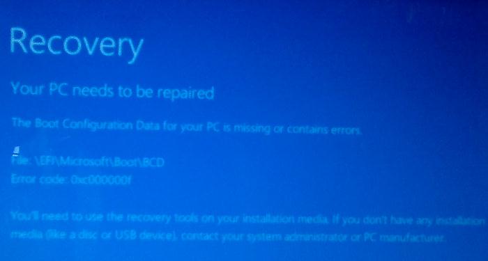 Ошибка загрузки Windows 8: The boot configuration data for your PC is missing or contains errors. File :EFIMicrosoftBootBCD Error code: 0xc000000f