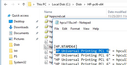 определяем имя драйвера принтера по inf файлу