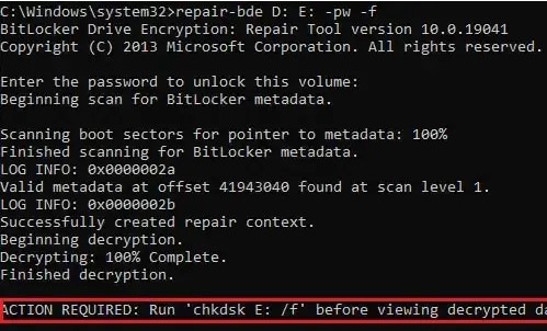 repair-bde восстановить данные с поврежденного диска bitlocker