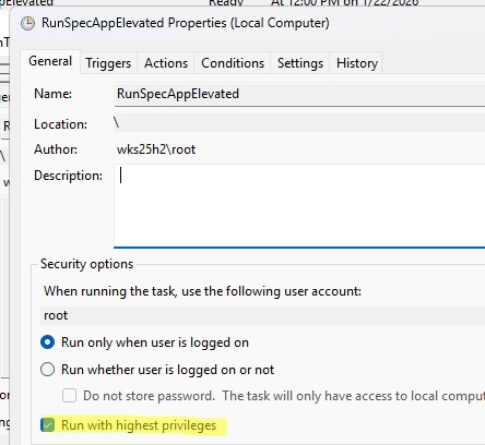 Задание планировщика - запустить приложение с опцией Run with highest privileges