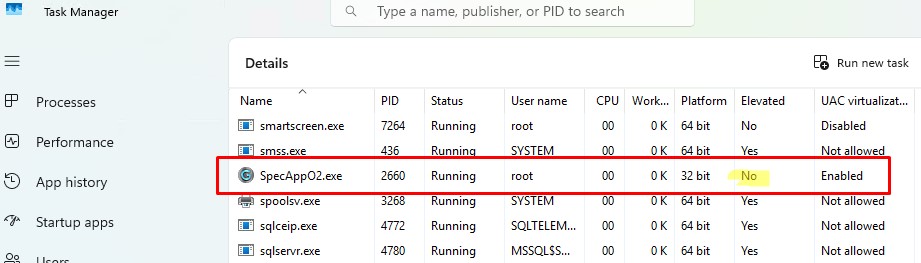 запуск приложения под обычным пользователем - без UAC, elevated = no
