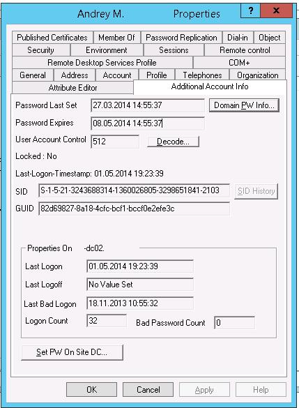 Вкладка с расширенной ифномацией об учтеной записи пользвателя в консоли ADUC