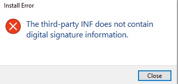 INF файл драйвера стороннего производителя не содержит информации о подписи