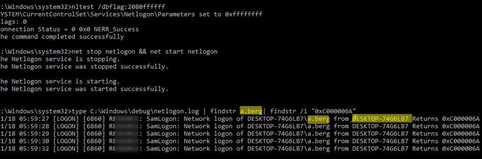 поиск источника блокировки пользователя в логе debug\netlogon.log