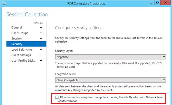 windows 2012 remote desctop services отключаем nla для возможности rdp подключения из Windows XP