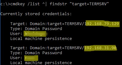 cmdkey вывести список сораненных паролей для rdp (termsrv)