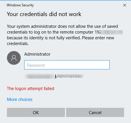 Your system administrator does not allow the use of saved credentials to log on to the remote computer 