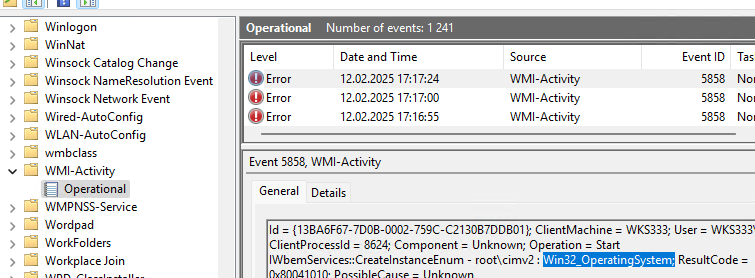 Журнал событий и ошибок wmi-activity в Event Viewer