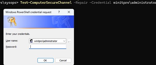 Test-ComputerSecureChannel repair - восстановить подключение компьютера к домену, сбросить пароль