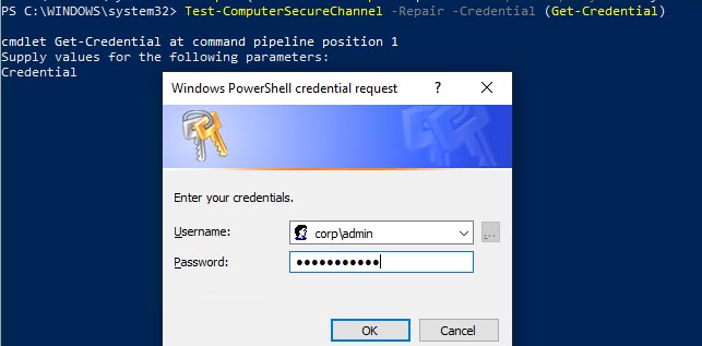 Test-ComputerSecureChannel repair восстановить доверительные отношения компьютера с AD, сброс и синхронизация пароля компьютера