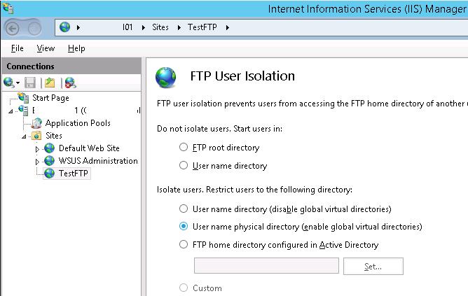 Изоляция пользоватателей ftp на windows server 2012 r2